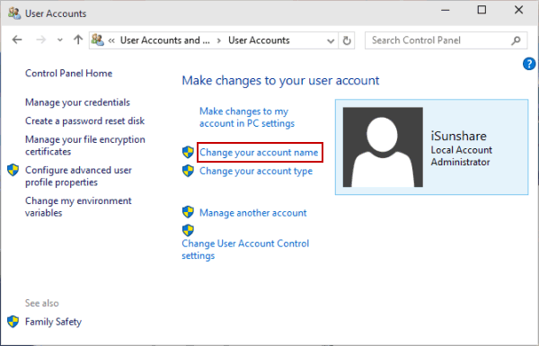 Thay đổi tên tài khoản trong Windows 10