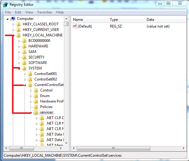 Registry Editor-HKEY_LOCAL_MACHINE >> SYSTEM >> CurrentControlSet >> services