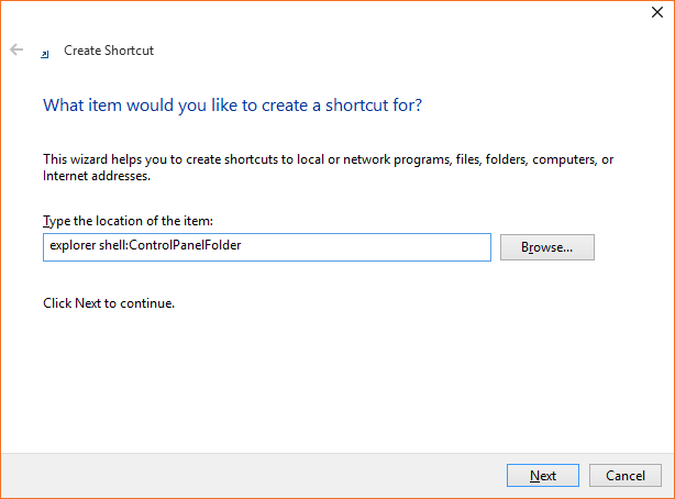 Duong dan Shortcut Control Panel Windows 10