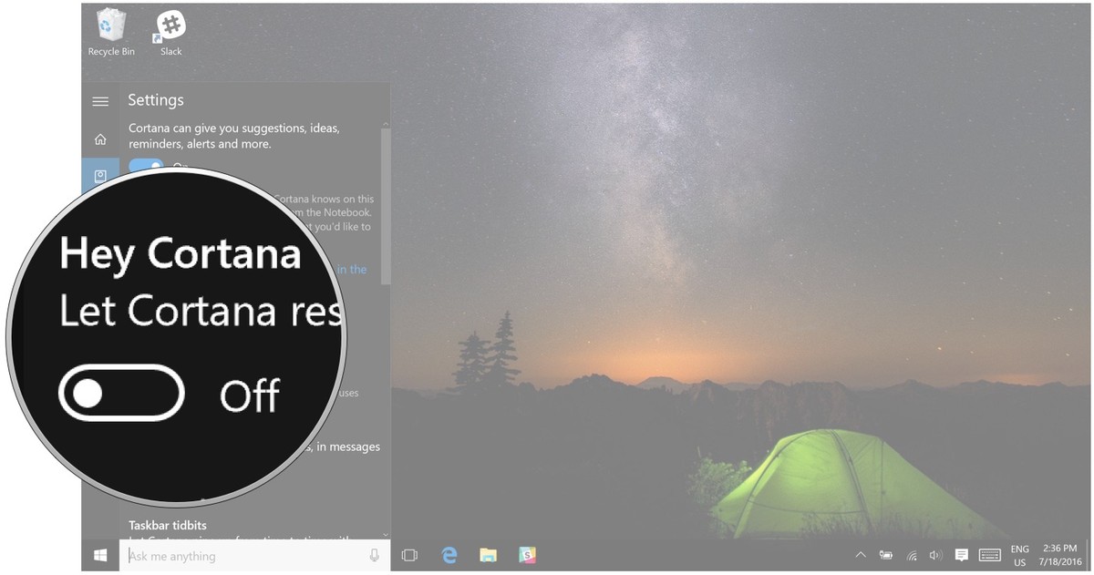 Nhấp vào nút Bật / Tắt bên dưới tiêu đề Hey Cortana.